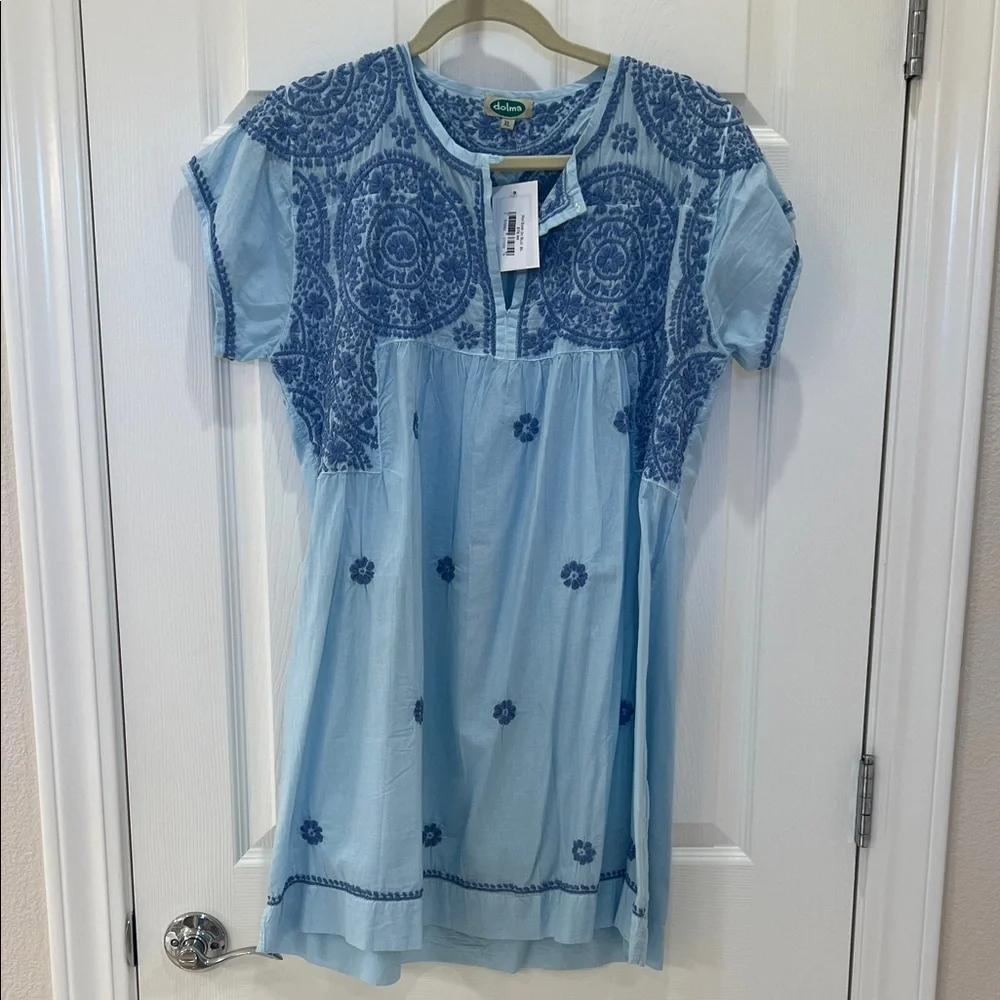 NWT Blue Embroidered Cotton Dress - Picture 1 of 10